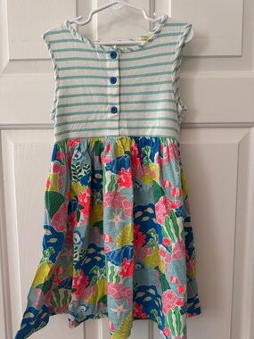 Mini Boden White & Aqua Striped Top with Colorful Ocean-Print Skirt - size 6-7